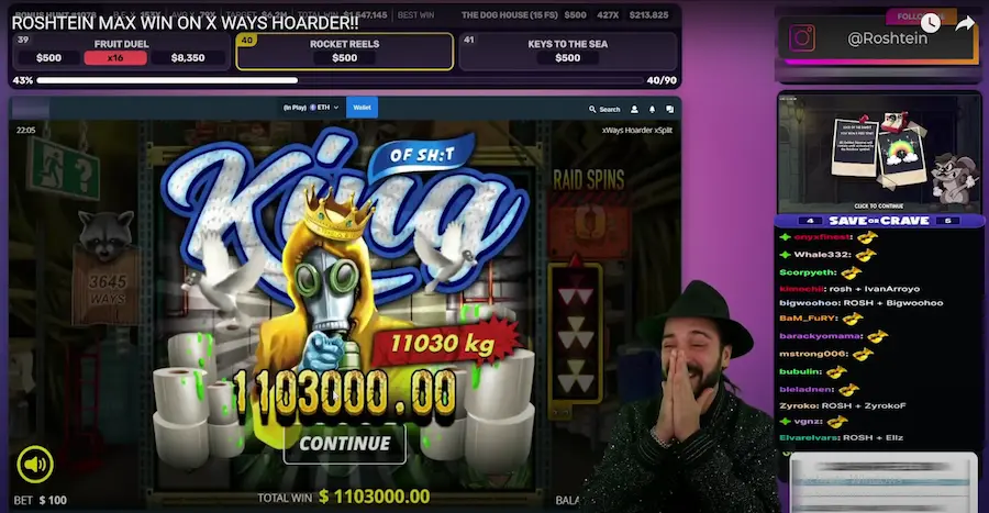 roshtein happy for landing max win on hoarder slot