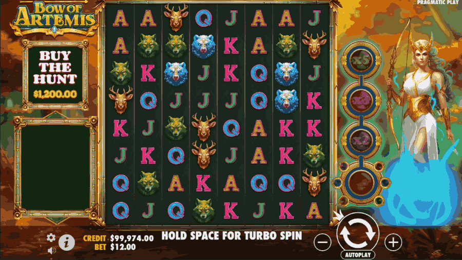Base game grid with goddess Artemis standing next to it