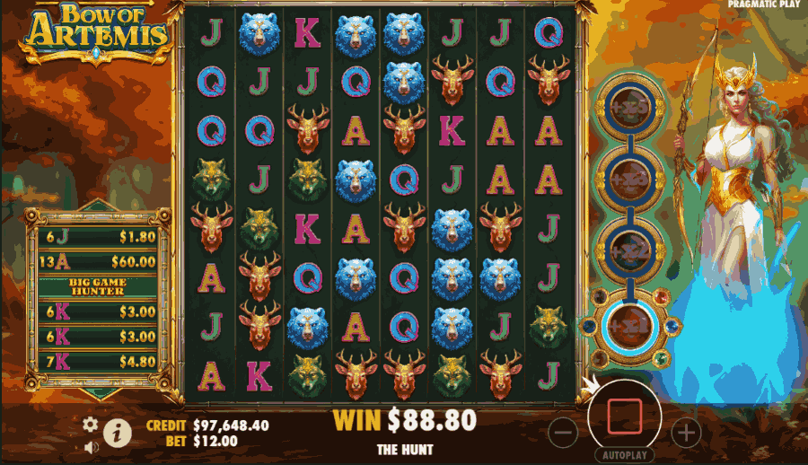 Bonus game grid with goddess Artemis standing next to it