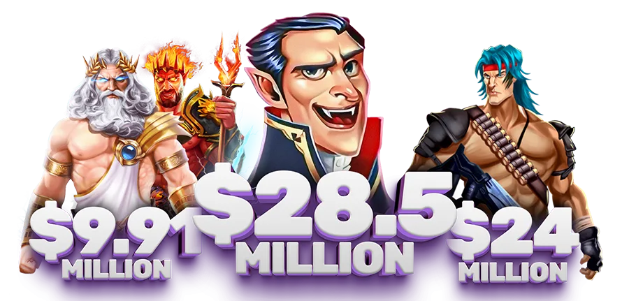 Characters from the Zeus VS Hades, Drac's Stacks, and Brute Force slots