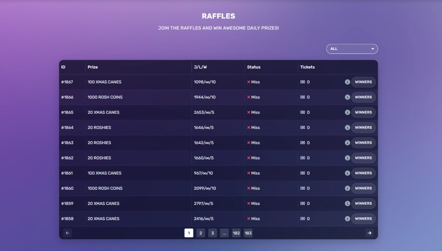 Roshtein Website Raffles displayed