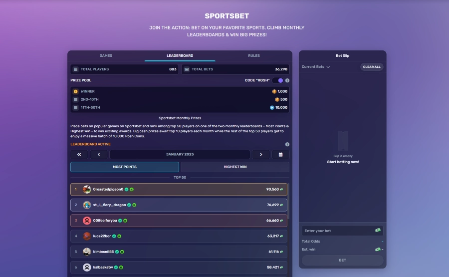 Roshtein Website Sportsbet Leaderboard displayed