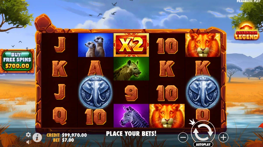 Savnnah Legend slot grid during base game