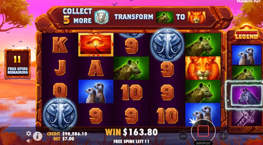 Savnnah Legend slot grid during bonus game