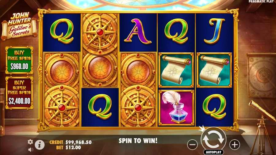 John Hunter and Galileo’s Secrets Slot grid during base game