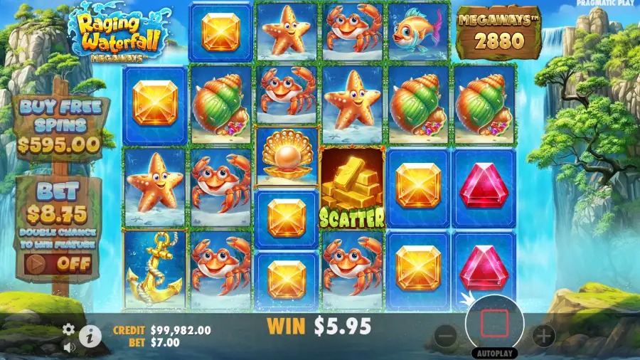 Raging Waterfall Megaways Slot grid during base game
