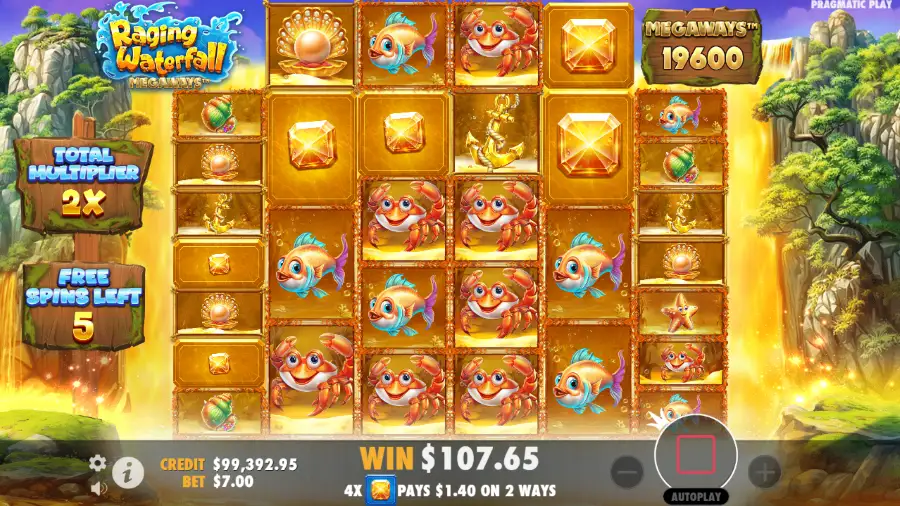 Raging Waterfall Megaways Slot grid during bonus game