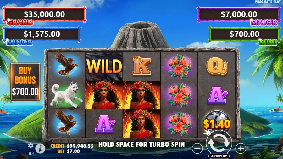 Volcano Goddess Slot grid during base game