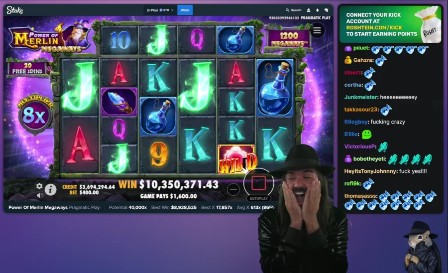 Rosh Celebrating a $10 Million Win on Power of Merlin Megaways