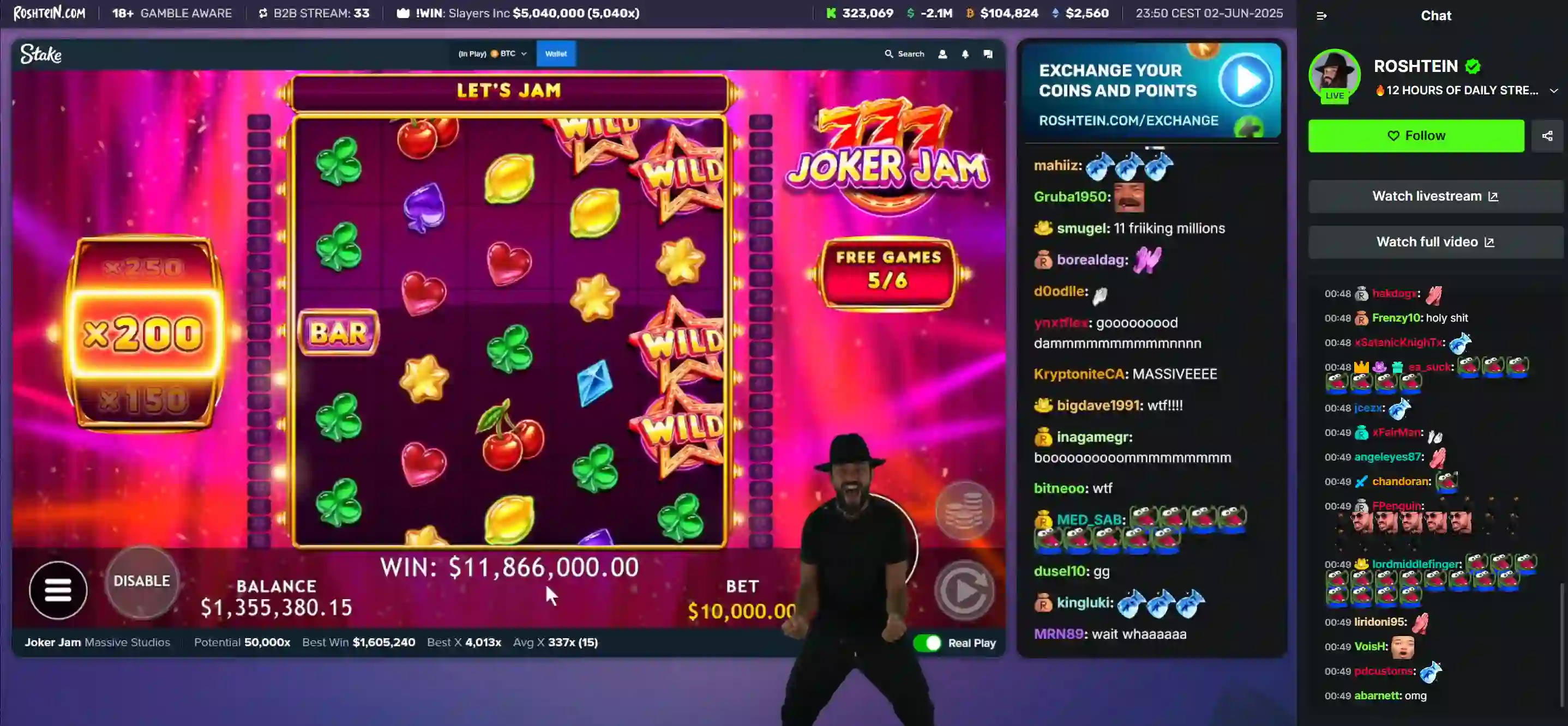 Screenshot of Roshtein winning big on Joker Jam slot