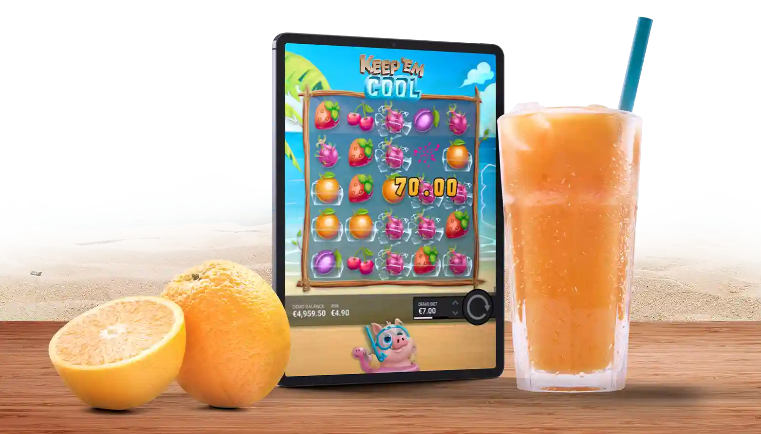 An image of the tablet showing slots with cocktails surrounding it