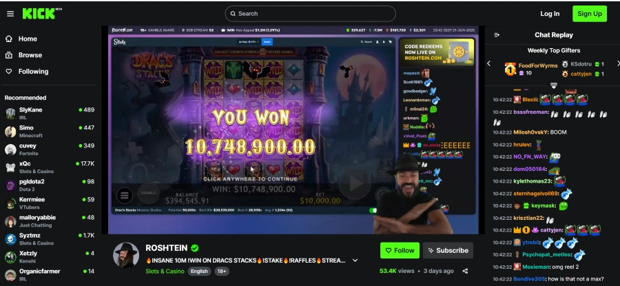 Screenshot of Roshtein winning over $10M on Drack's Stack slot