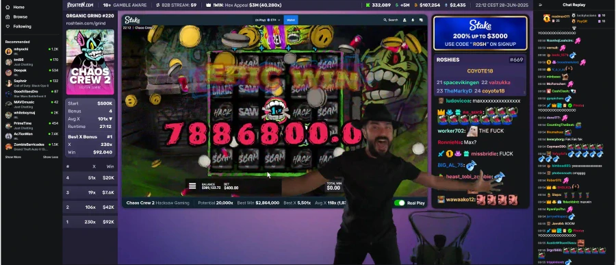 Roshtein winning over €7M on a Chaos Crew in a live stream