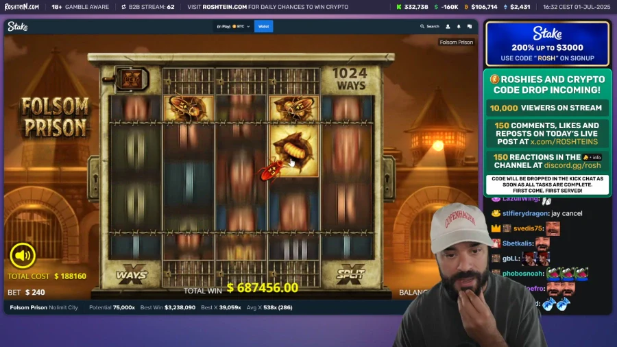 Roshtein Playing Folsom Prison Slot