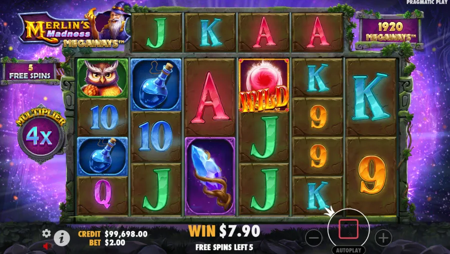 Screenshot of Merlin’s Madness Megaways Enhanced RTP slot free spins