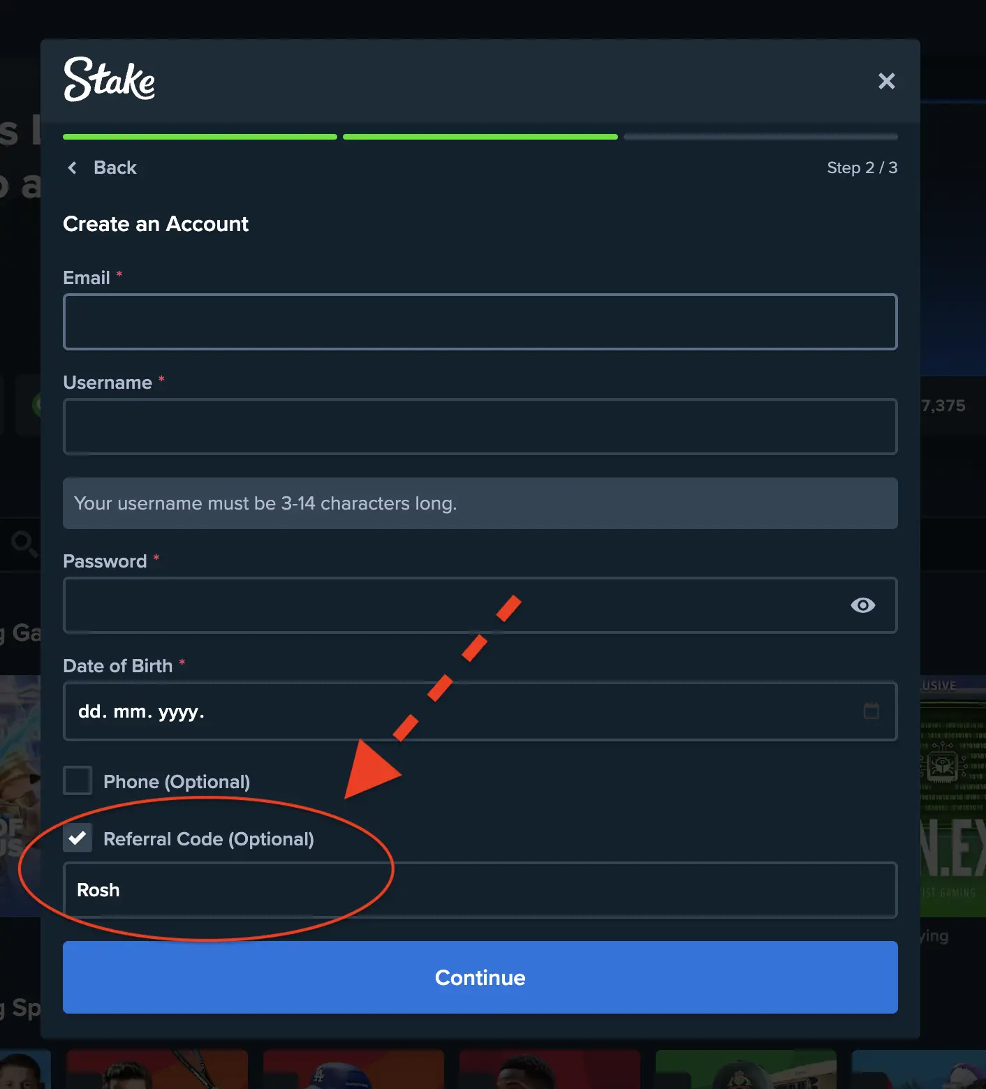 stake create account popup with rosh code