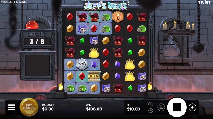 Screenshot of Jeff's Gems slot free spins round
