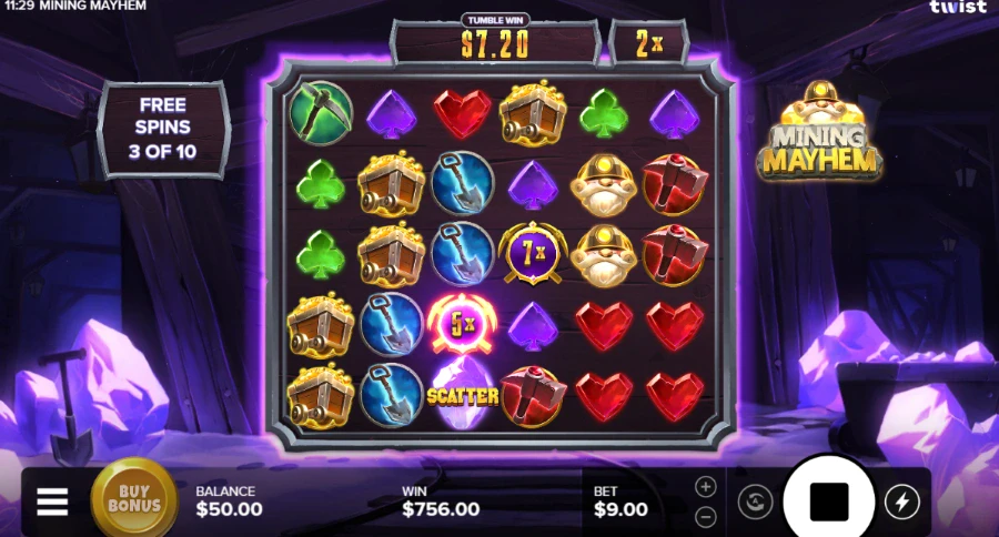 Screenshot of Mining Mayhem slot free spins round