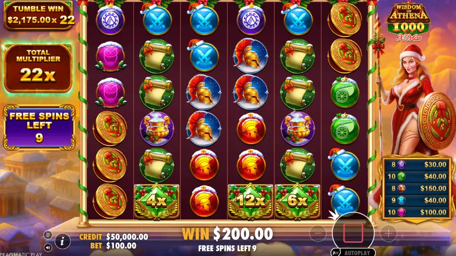 Screenshot of Wisdom of Athena 1000 Xmas slot free spins