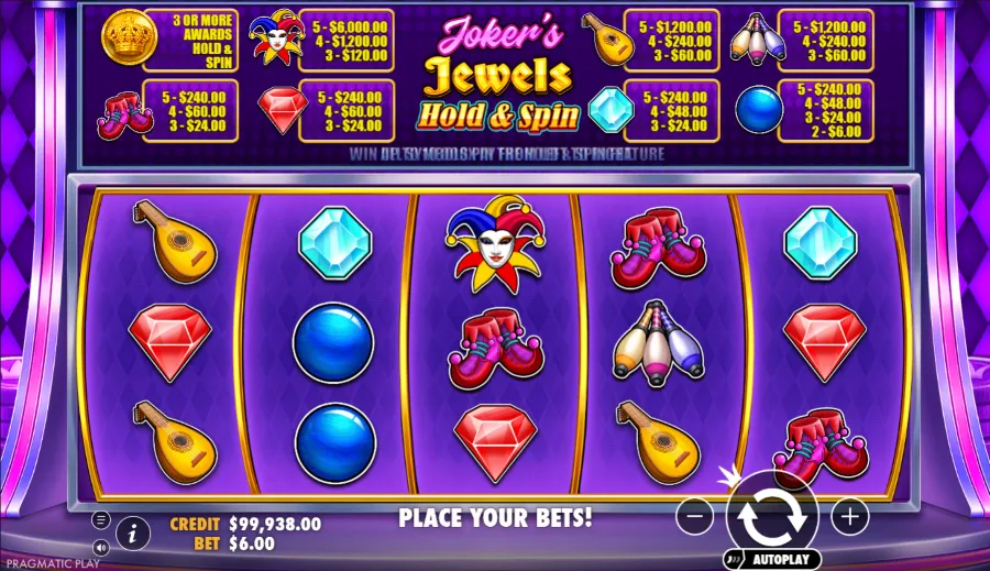 Joker's Jewels Hold & Spin Slot Base Game Grid