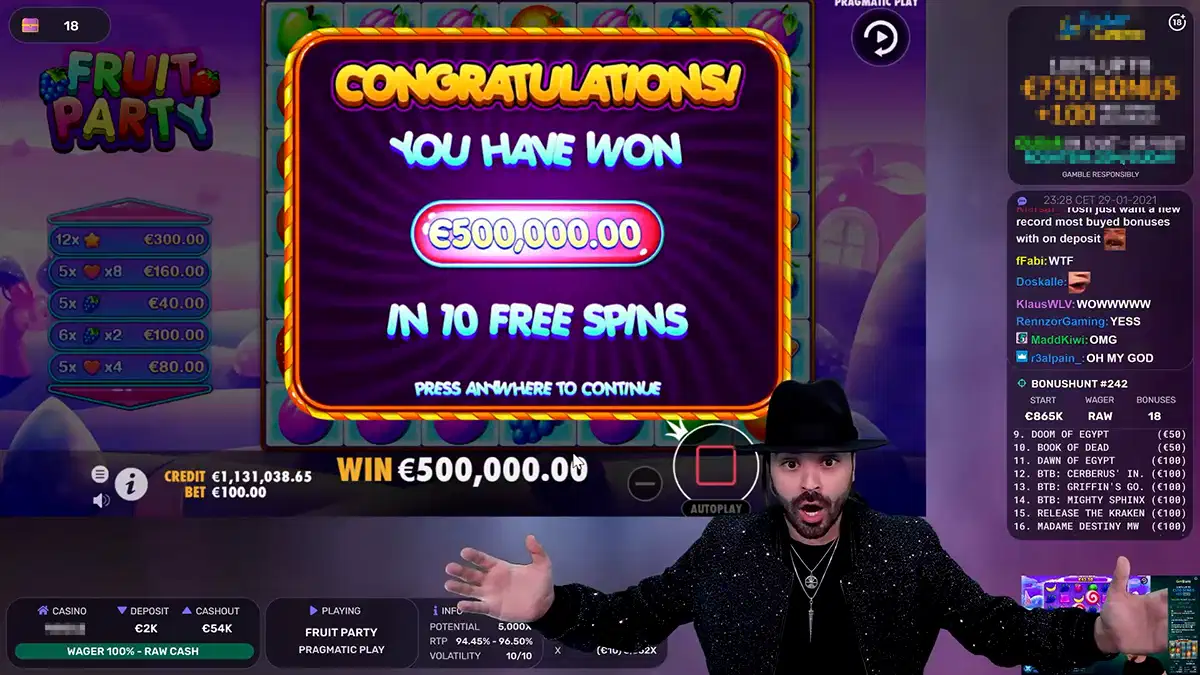 roshtein lands first max win ever on fruit party slot