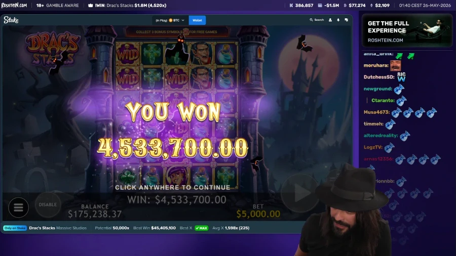 Roshtein's $4.5 Million Drac's Stacks Win