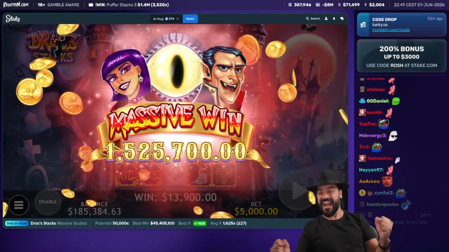 Roshtein's $1.5 Million Drac's Stacks Win