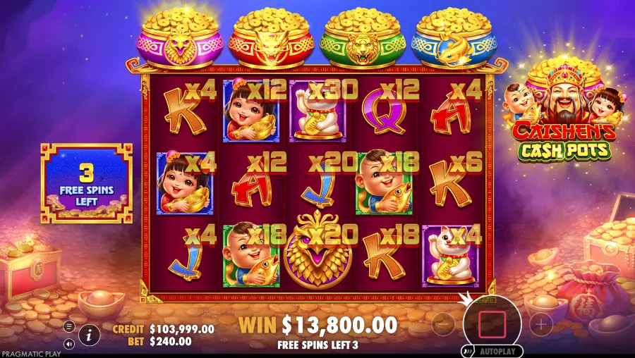 Screenshot of Caishen's Cash Pots slot free spins