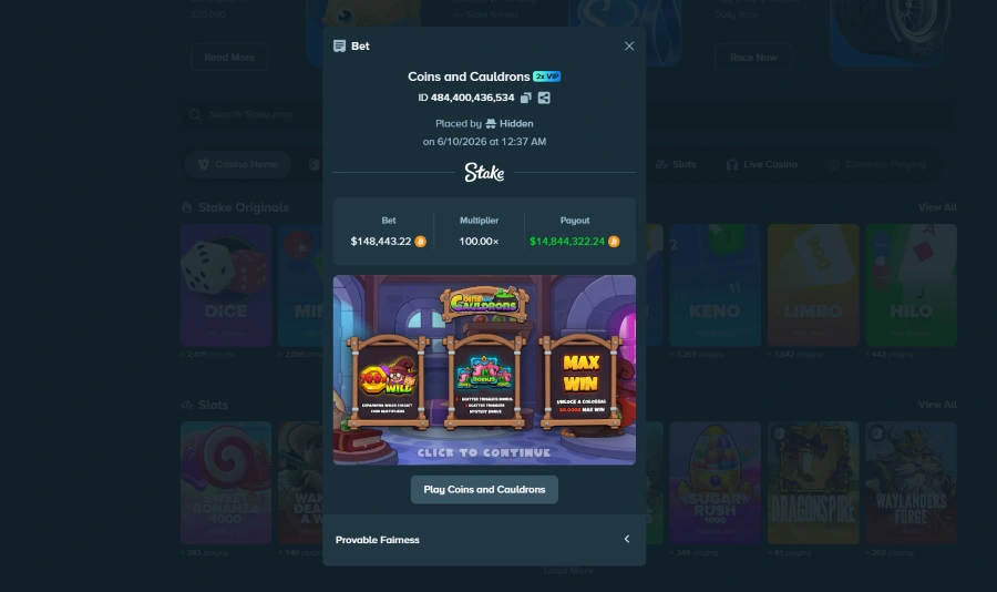 Coins and Cauldrons Bet Slip on Stake