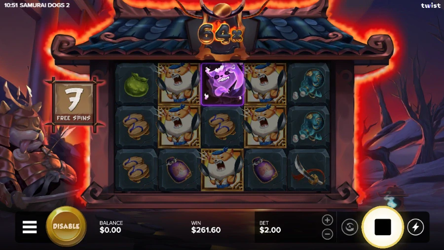 Screenshot of Samurai Dogs 2 slot free spins round