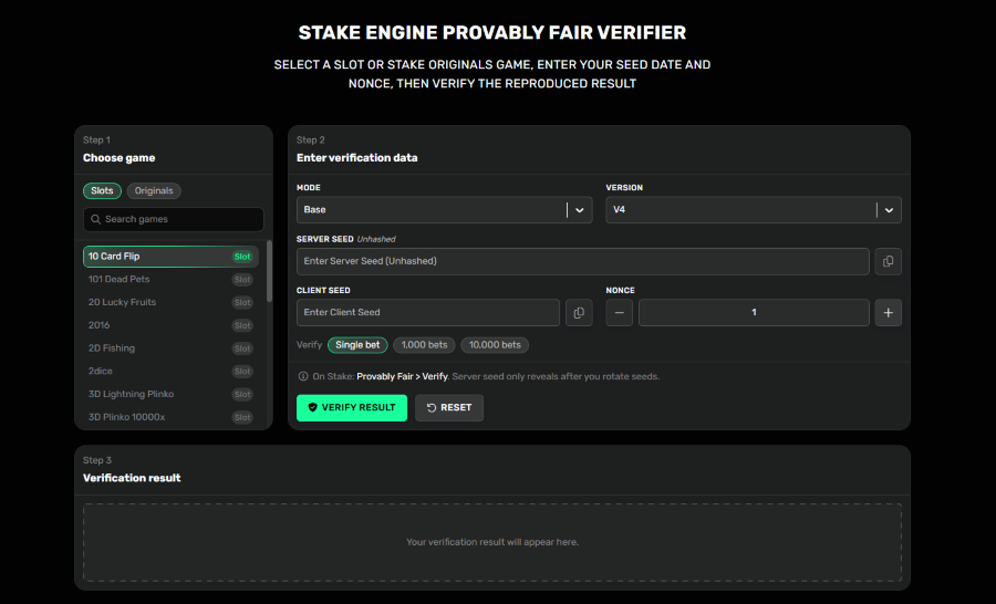 Stake Engine Provably Fair Verifier