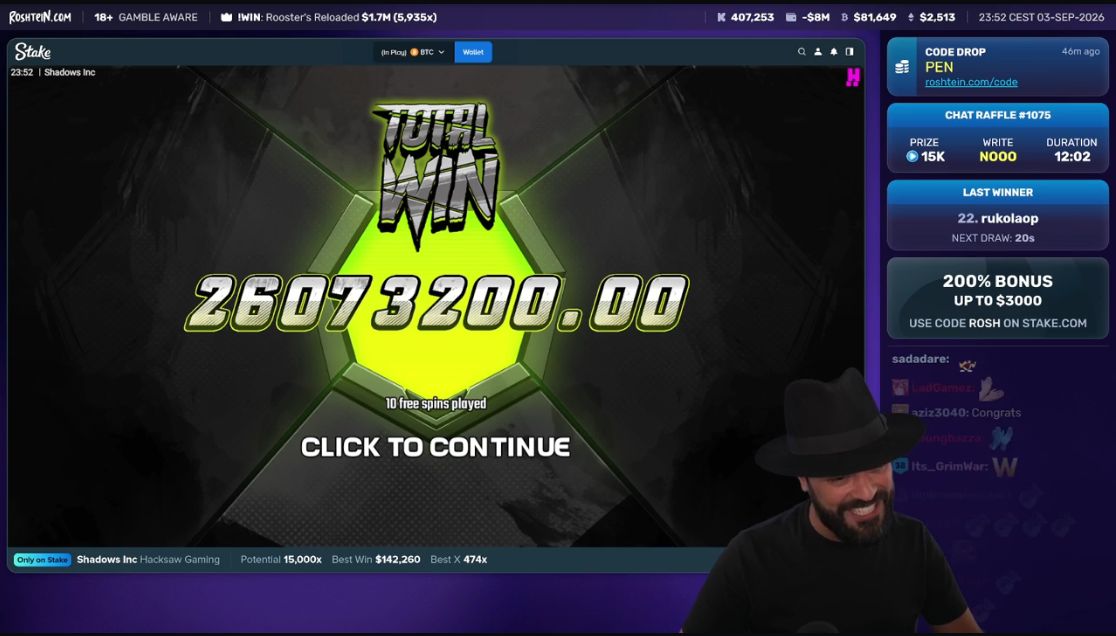Shadows Inc $26 Million win on Roshtein stream