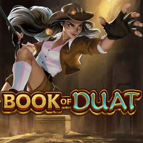 young female adventurer and book of duat logo
