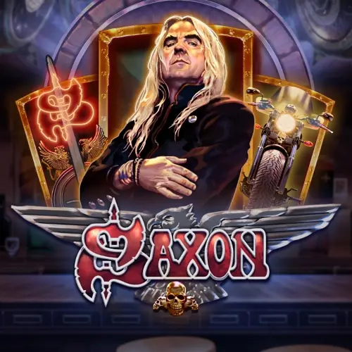 saxon written in red with lead singer behind it